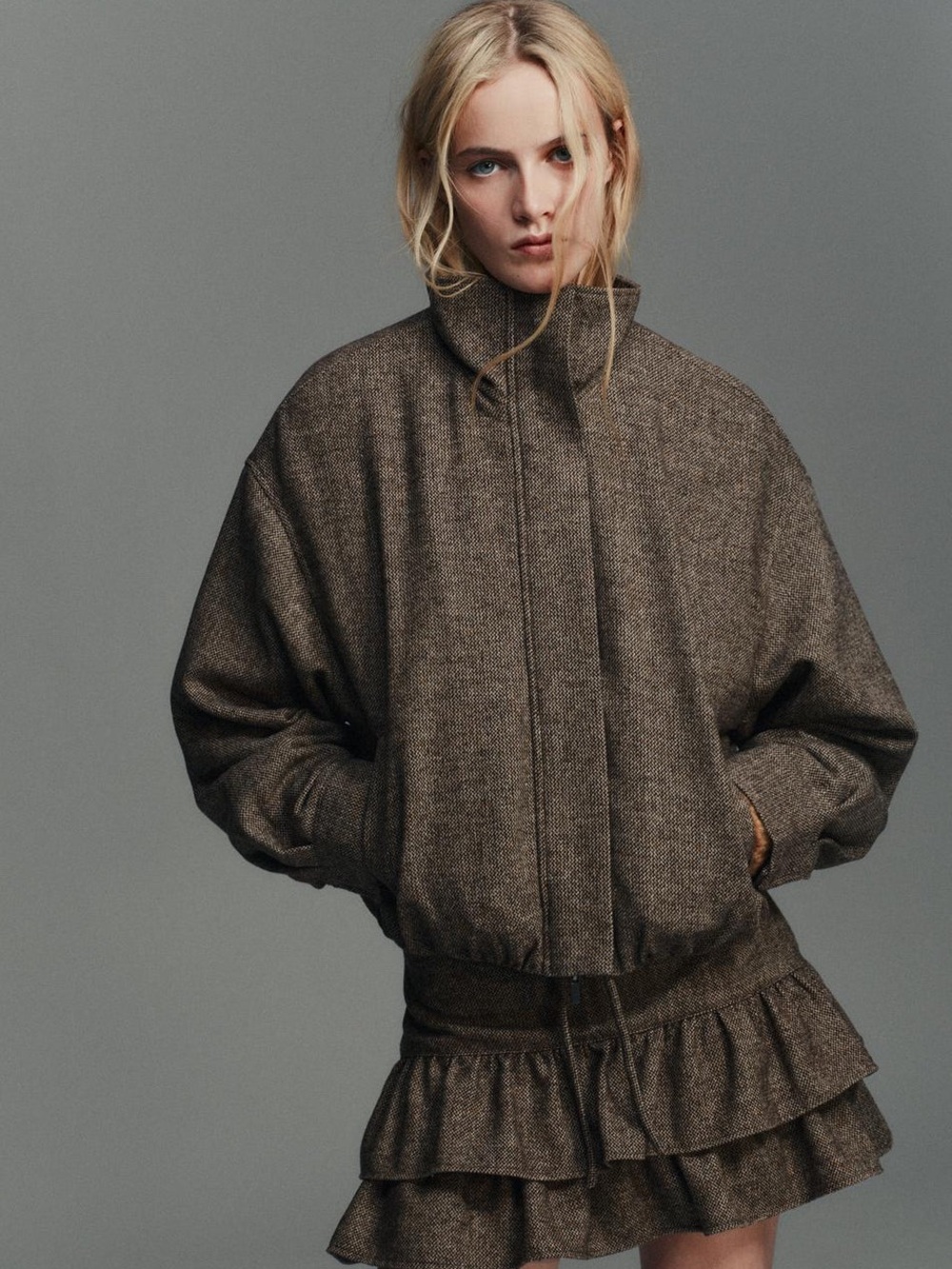 Zara Brown Wool-Blend Bomber Jacket